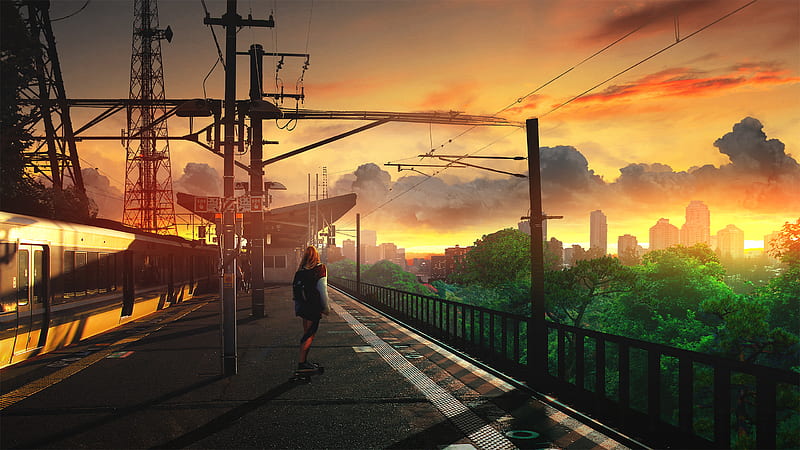Anime, Original, Girl, Sunset, Train Station, HD wallpaper