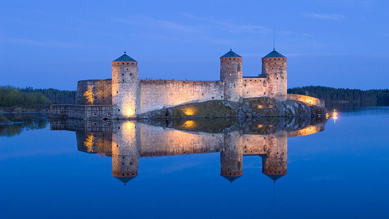 wonderful ancient castle in finland, ancient, dusk, reflection, castle, lake, HD wallpaper