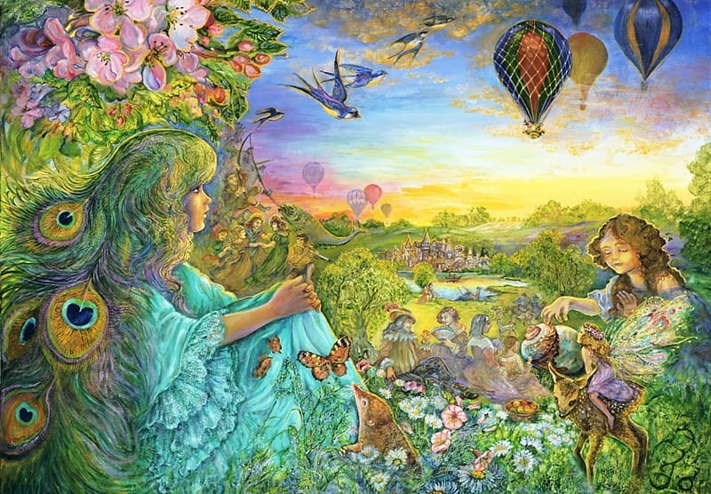 Daydreaming, blue, art, peacock, josephine wall, fantasy, hot air balloon, green, girl, feather, paun, flower, painting, pictura, HD wallpaper