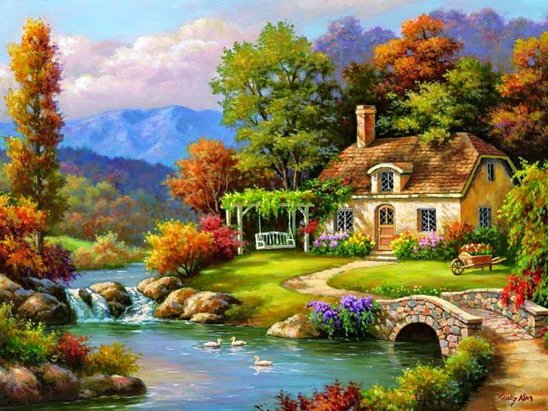 Lovely countryside place, pretty, colorful, house, shore, cottage, cabin, bonito, countryside, mountain, nice, calm, stones, bridge, painting, river, reflection, calmness, lovely, creek, trees, water, serenity, flower, peaceful, summer, HD wallpaper