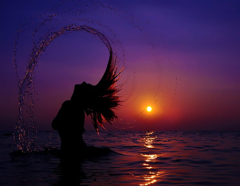 Splash at Sunset, red, wet, sunset, sky, hair, girl, purple, beauty, nature, spray, reflection, pink, HD wallpaper