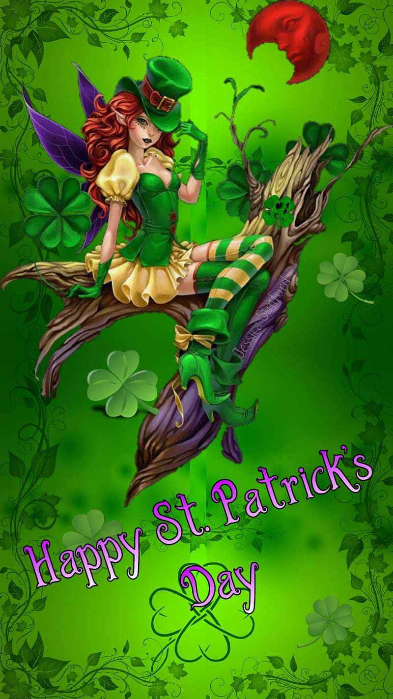 St Patricks Fairy, clover, day, four, green, leaf, moon, saint, HD phone wallpaper