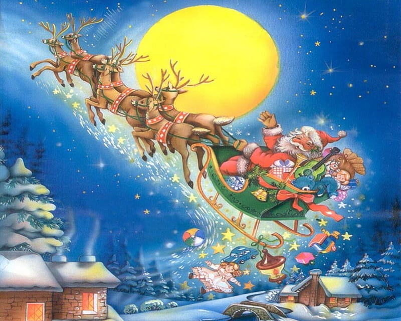 Santa is comming, santa, moon, christmas, december, new year, HD wallpaper