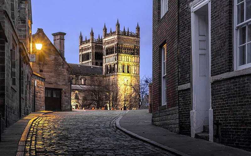 Durham Cathedral, England, street, England, cathedral, dusk, church, light, HD wallpaper