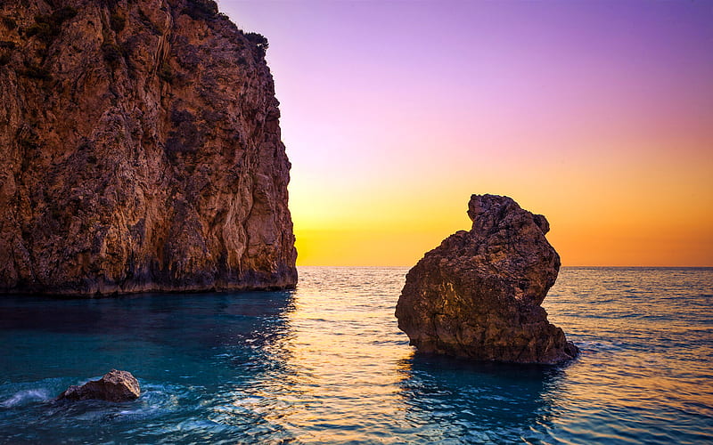 Milos Beach, sea, sunset, summer, beautiful nature, Greece, Europe, HD wallpaper