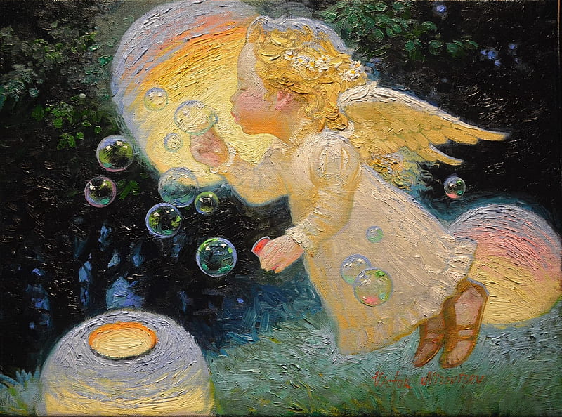 Angel, art, wings, lantern, painting, bubbles, baby, victor nizovtsev, pictura, HD wallpaper