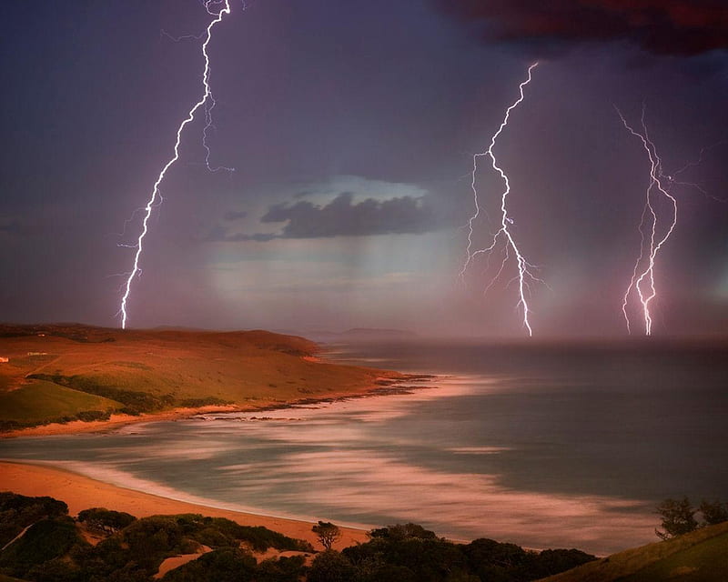 Thunderstorm Over Mdumbi Estuary, South Africa, beach, sand, lightning, dark, ocean, thunder, clouds, sky, HD wallpaper