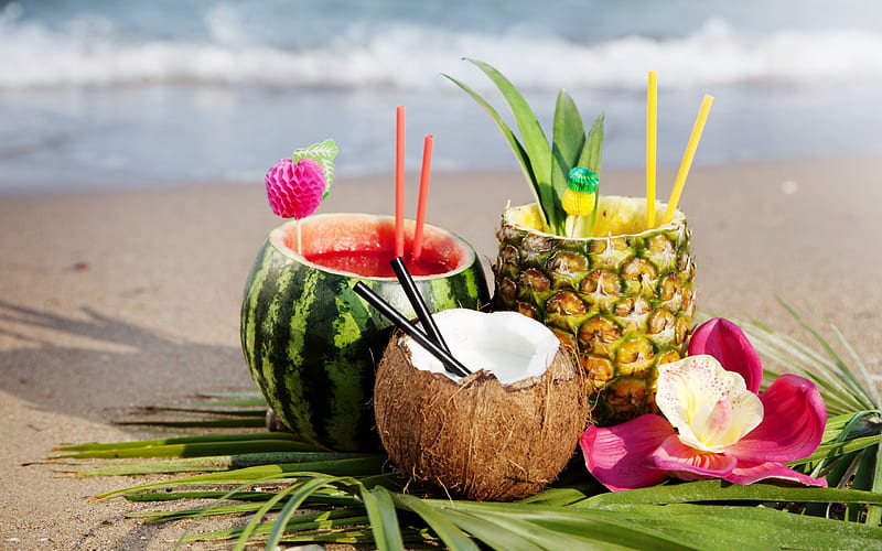 summer, beach, summer cocktails, watermelon, coconut, pineapple, HD wallpaper