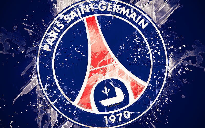 PSG FC, Paris Saint-Germain FC paint art, creative, French football team, logo, Ligue 1, emblem, blue background, grunge style, Paris, France, football, HD wallpaper