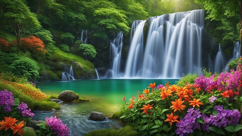 A beautiful waterfall in the middle of an idyllic green landscape, nyugodt vizeses, tavacska, zold tajkep, viragok, fak, szines viragok, elenk szinek, HD wallpaper