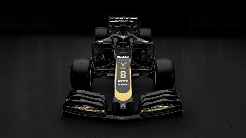 Formula 1, black, f1, formula one, gold, haas, pirelli, HD wallpaper