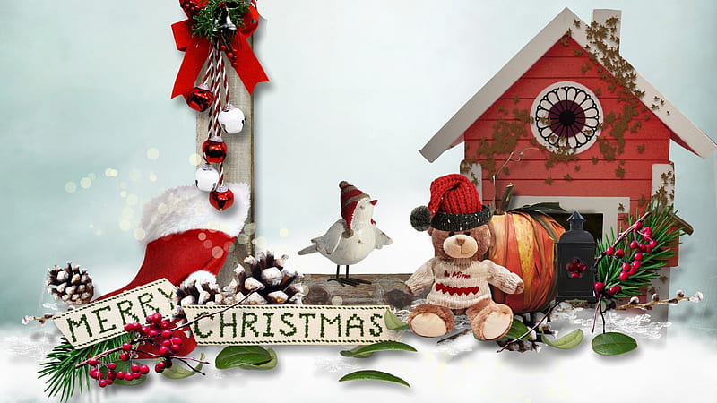 Christmas So Merry, Christmas, bird house, hats, holiday, stocking, bird, snow, berries, decorations, teddy bear, HD wallpaper