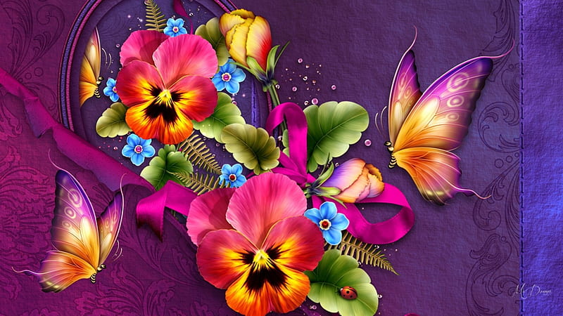 Framing Beauty, bright, summer, pansies, flowers, bonito, spring, butterflies, shiny, HD wallpaper