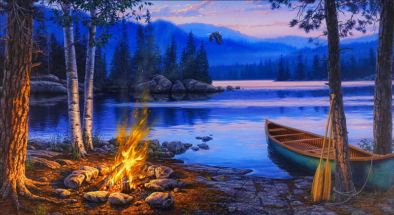 Lake crescent lodge, lodge, dusk, bonito, picnic, mountain, boat, painting, evening, reflection, night, art, calmness, lake, fire, serenity, peaceful, summer, crescent, island, HD wallpaper