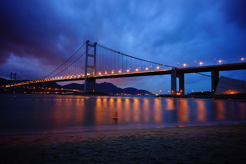 bridge, river, beach, dusk, lights, HD wallpaper