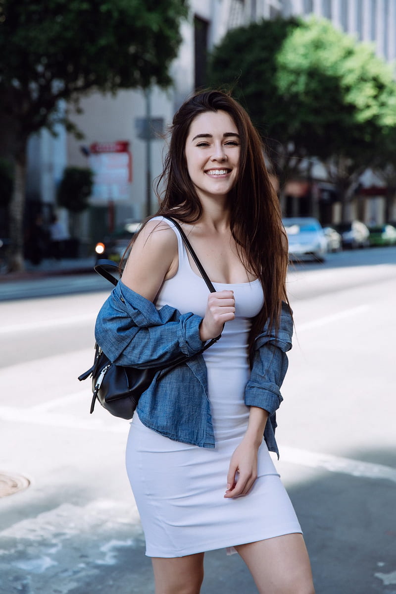 Audrey Bradford, model, white dress, brunette, smiling, women outdoors, shirt, closed eyes, long hair, straight hair, looking at viewer, street, backpacks, open clothes, Public, teeth, pale, street view, HD phone wallpaper