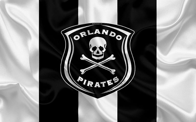 Orlando Pirates FC logo, black and white silk flag, South African football club, emblem, Premier League, Johannesburg, South Africa, football, silk texture, HD wallpaper