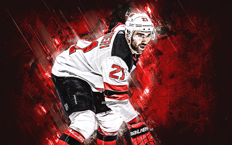 Kyle Palmieri, New Jersey Devils, NHL, american hockey player, portrait, red stone background, hockey, National Hockey League, HD wallpaper