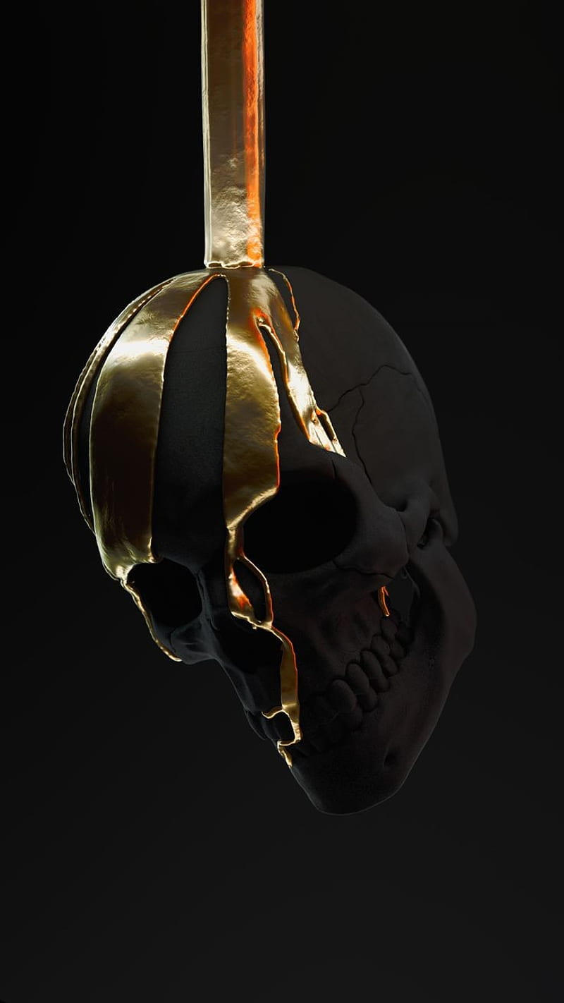 Golden melt Skull, black, fire, inception, light, metal, HD phone wallpaper