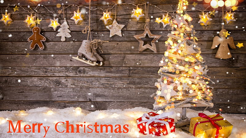 Christmas Tree With Lights And Gift Boxes On Snow In Wooden Decoration Board Background Christmas Tree, HD wallpaper