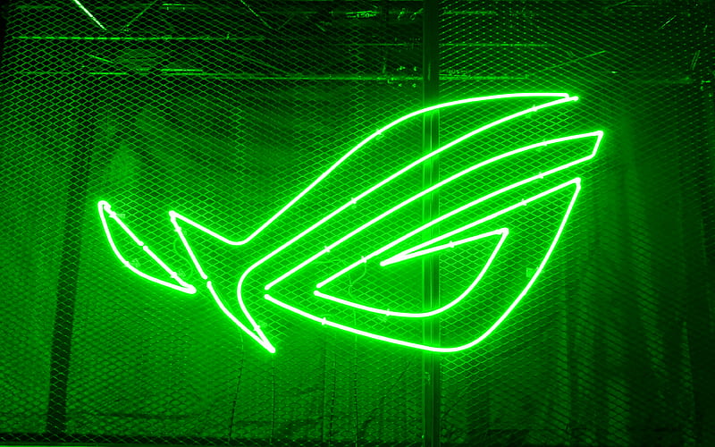 RoG green logo, 3D art, Republic of Gamers, metal grid background, RoG neon logo, ASUS, creative, RoG, HD wallpaper