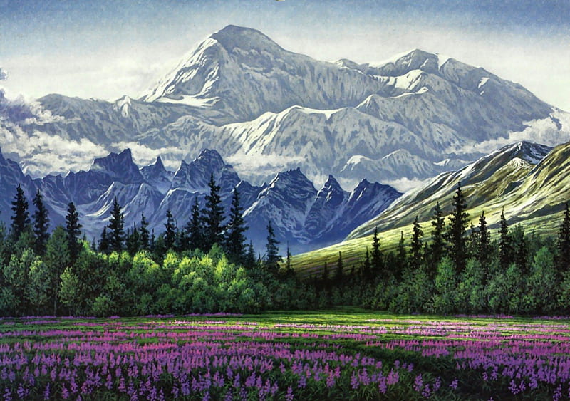 Denali National Park 2, art, USA, Alaska, National Park, Denali, artwork, painting, wide screen, scenery, landscape, HD wallpaper