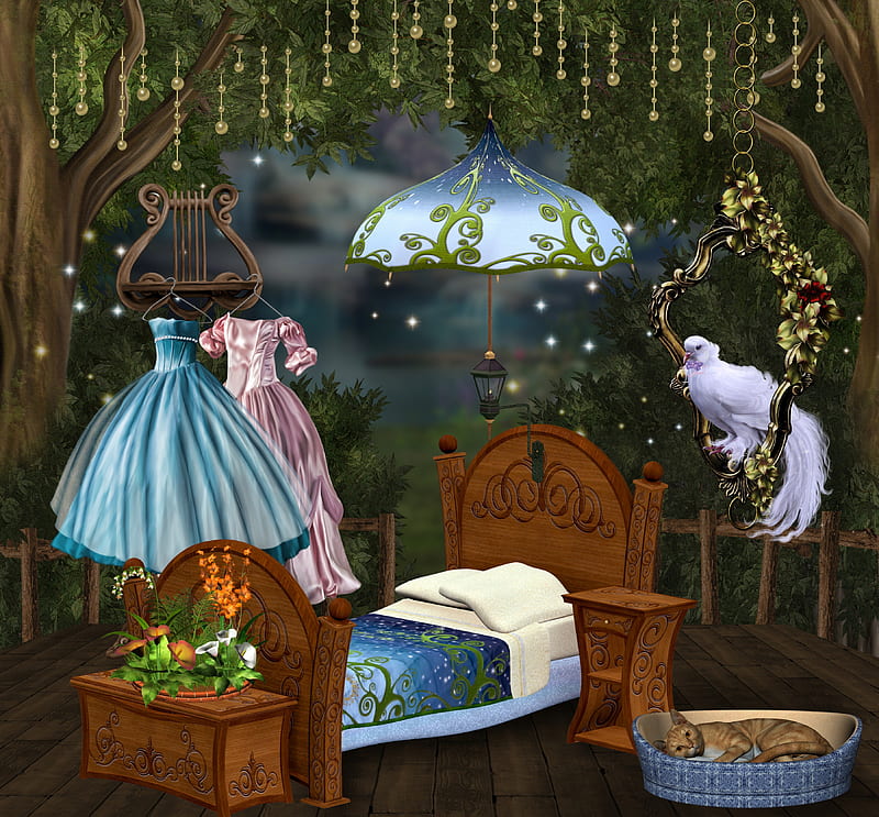 ✼Awesome Girly Room✼, glow, wonderful, grass, dangles, premade BG, charm, umbrella, bonito, bed, sparkle, Other, leaves, wooden floor, stock , waterfall, flowers, animals, lovely, birds, trees, cat, dresses, softness, cute, plants, magical, dove, HD wallpaper