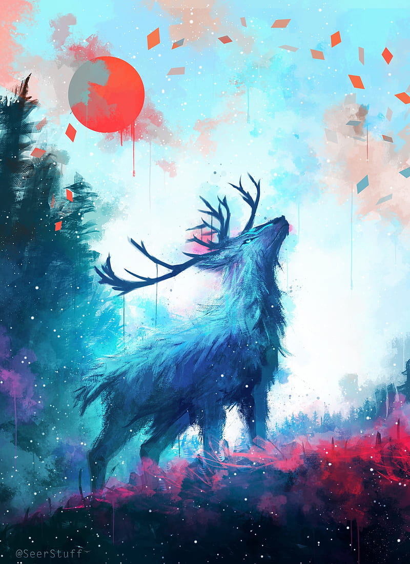 deer, antlers, sun, drips, paint, art, HD phone wallpaper