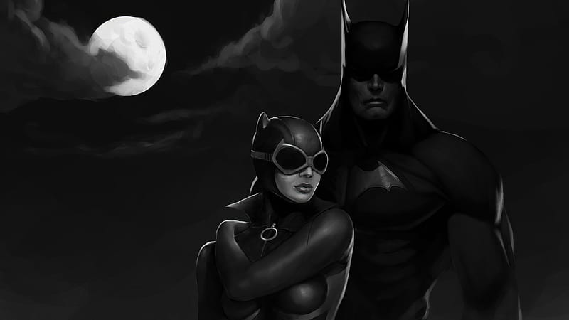 Batman And Catgirl Monochrome , batman, catwoman, superheroes, artist, artwork, digital-art, monochrome, black-and-white, HD wallpaper