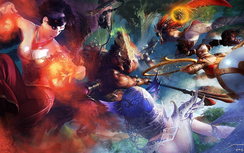 Epic battle, red, orange, woman, armor, fantasy, epic, battle, girl, green, people, fight, blue, HD wallpaper