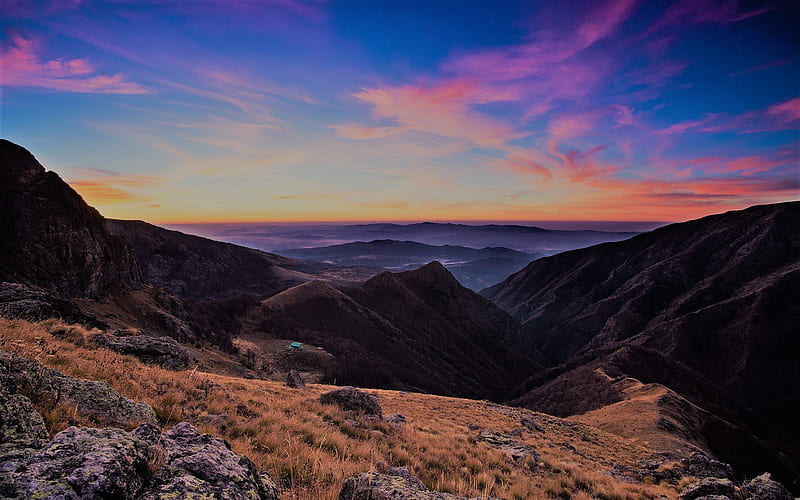 Bulgaria~Balkans, grass, mountains, home, sunset, sky, valley, fog, rocks, beauty, nature, HD wallpaper