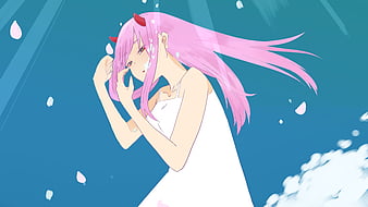 Darling In The FranXX Pink Hair Zero Two Having Fish On Mouth With  Background Of Blue Sky And Clouds HD Anime Wallpapers, HD Wallpapers