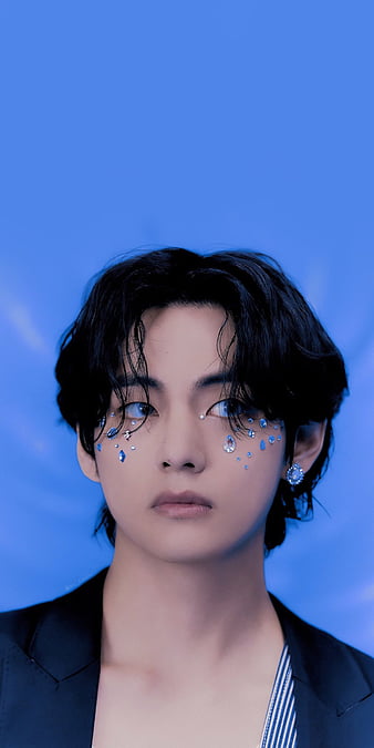 V, BTS, blue glitter art, black background, South Korean singer, V BTS ...
