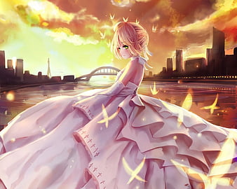 Anime fly sky light dress long hair original sun girl beauty wallpaper, 3200x1800, 815914