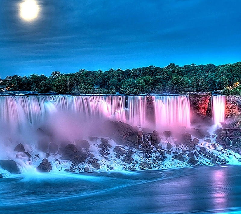 waterfalls, waterfall, nature, moon, sea, HD wallpaper