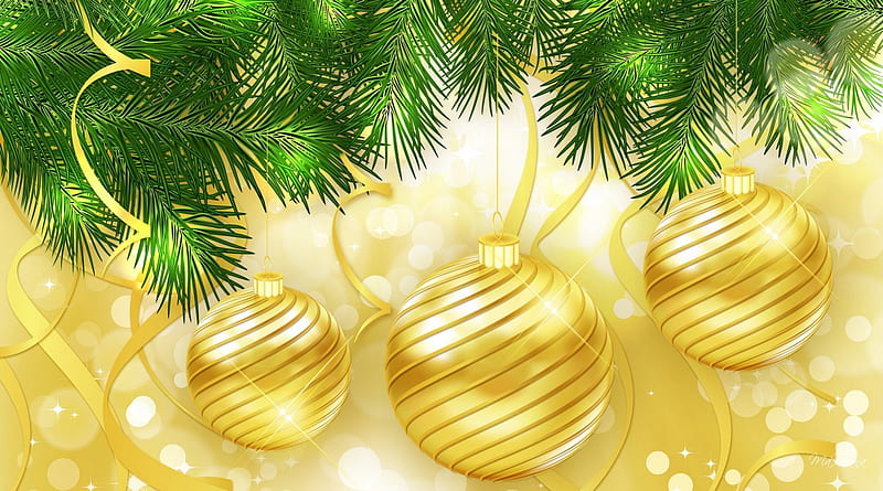 Bright Gold For Christmas, feliz navidad, glow, christmas, xmas, tree, gold, green, balls, streamers, bright, fir, light, spruce, shiny, HD wallpaper
