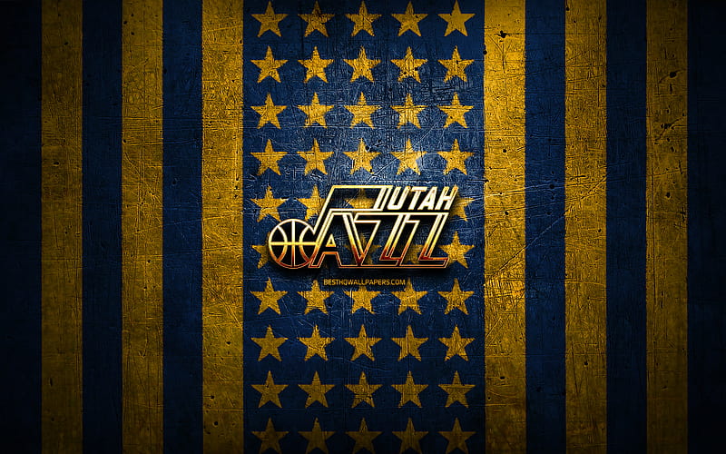 Utah Jazz flag, NBA, blue yellow metal background, american basketball club, Utah Jazz logo, USA, basketball, golden logo, Utah Jazz, HD wallpaper