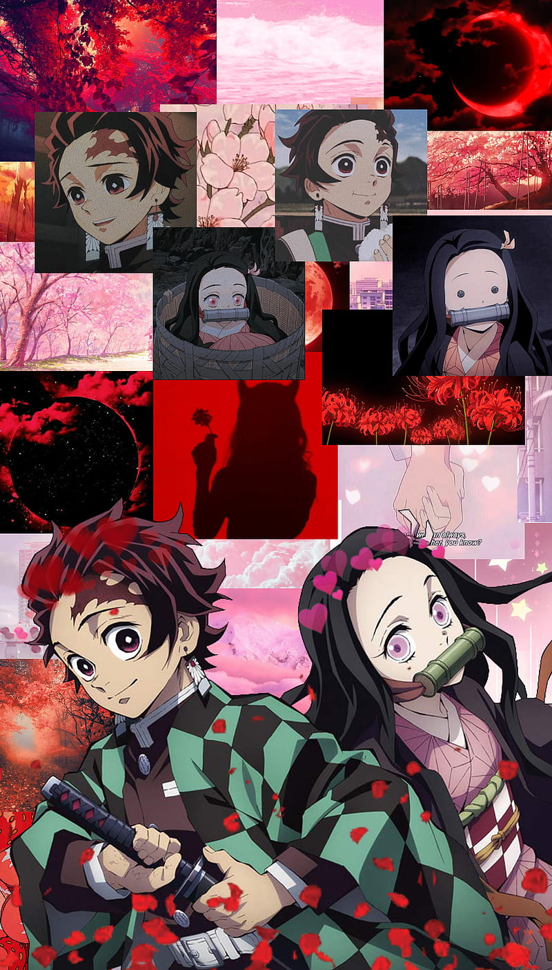 Nezuko and tanjiro, anime, demon slayer, nezuko, pink, red, tanjiro, HD phone wallpaper