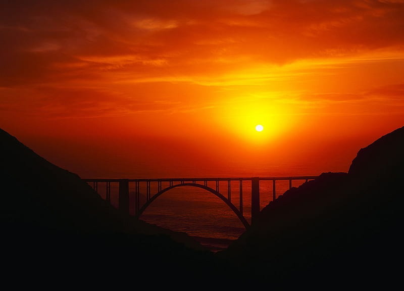 Sunset Bridge, architecture, sun, sunlights, orange, background, yellow, clouds, afternoon, nice, gold, creeks, waterscape, evening, rivers, sunrises, islands, dawn, ocean, bridges, golden, black, sky, lagoons, water, cool, awesome, seascape, hop, bay, landscape, red, ambar, bonito, sea, graphy, sunsets, amber, land, night, amazing, lakes, declives, sol, summer, day, nature, reflected, reflections, puesta de sol, coast, natural, HD wallpaper