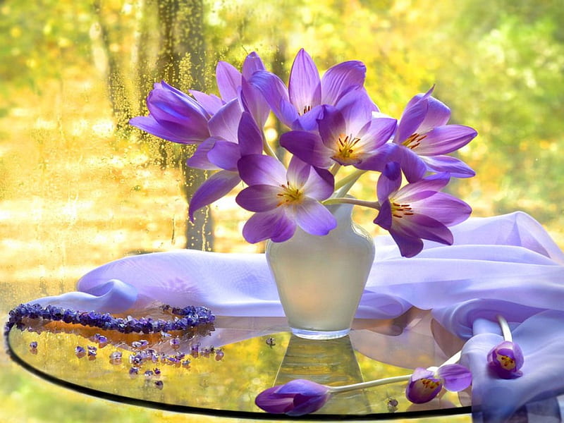 Still life, pretty, autumn, window, view, vase, bonito, delicate, bouquet, flowers, nature, tender, harmony, HD wallpaper