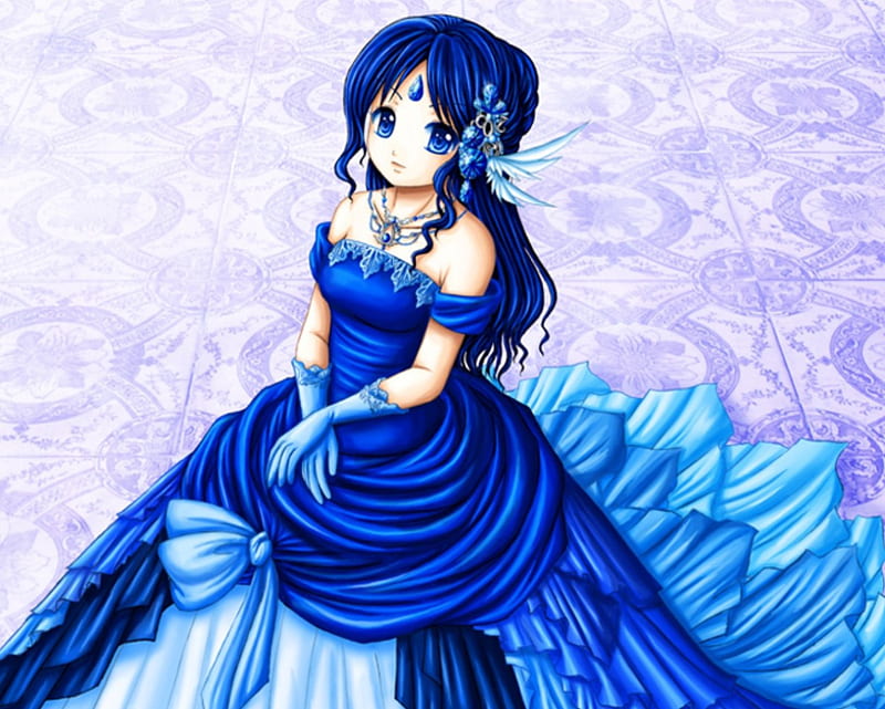 Sapphire, pretty, dress, bonito, wing, sweet, nice, gemstone, anime, hot, beauty, anime girl, jewel, gems, long hair, female, wings, lovely, gown, sexy, jewelry, cute, glove, necklaces, girl, lady, maiden, HD wallpaper