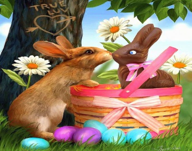 ★TRUE LOVE★, candy, holidays, easter, attractions in dreams, adorable, seasons, foods, true love, paintings, rabbits, flowers, drawings, animals, lovely, love four seasons, creative pre-made, spring, cute, basket, eggs, weird things people wear, bunnies, beloved valentines, dogs, HD wallpaper