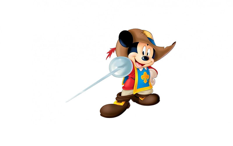 Mickey Mouse, musketeer, cute, white, sword, disney, hat, HD wallpaper