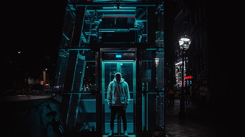 Man Standing Under Structure, neon, graphy, HD wallpaper