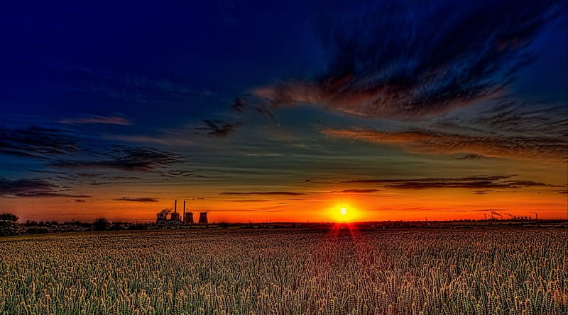beautiful sunset over wheat fields r, wheat, fields, r, sunset, clouds, power plant, HD wallpaper