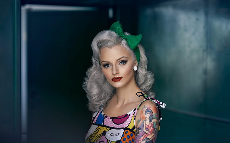blonde, makeup, tattoo, beautiful girl, portrait, HD wallpaper