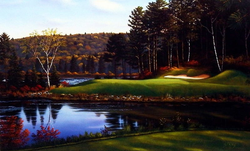 At Giants Ridge, pond, water, golf, painting, reflections, trees, artwork, HD wallpaper