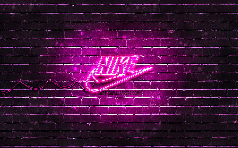 Nike purple logo purple brickwall, Nike logo, sports brands, Nike neon logo, Nike, HD wallpaper