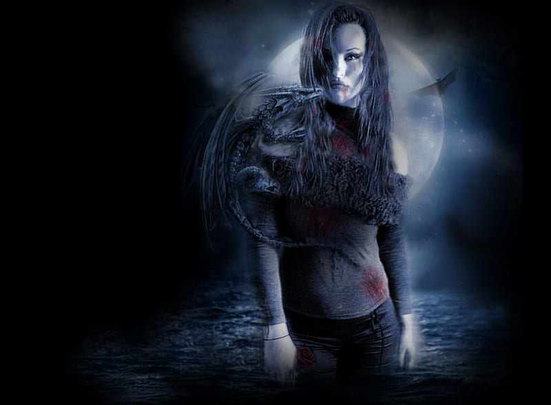dragonwaters, bats, midnight, twilight, eerie, woman, dragon, lake, blood, fantasy, moon, water, gothic, sppoky, new, HD wallpaper