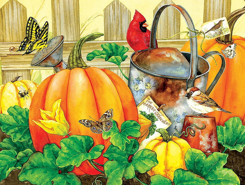 October Garden, watering can, butterfly, painting, birds, sparrow, cardinal, artwork, pumpkins, flower, HD wallpaper